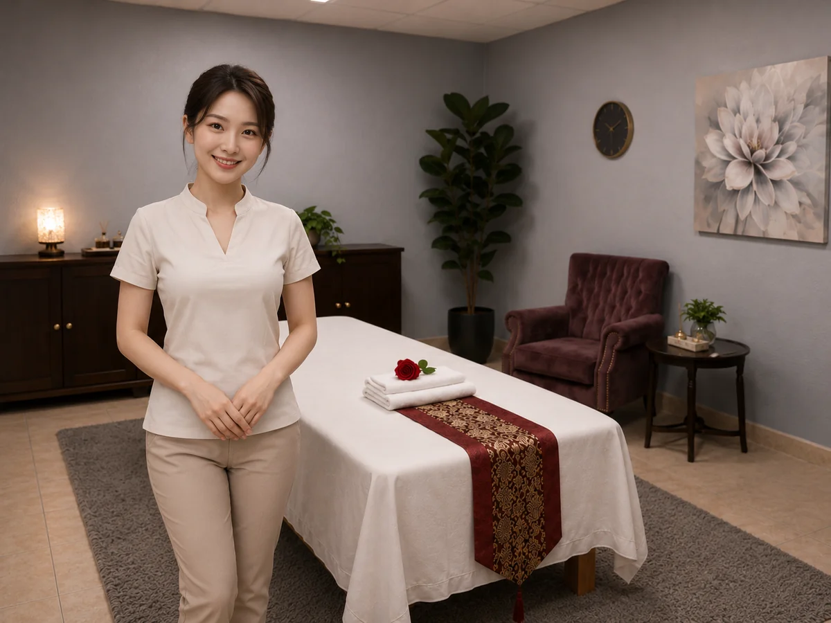 Professional therapist preparing the massage table